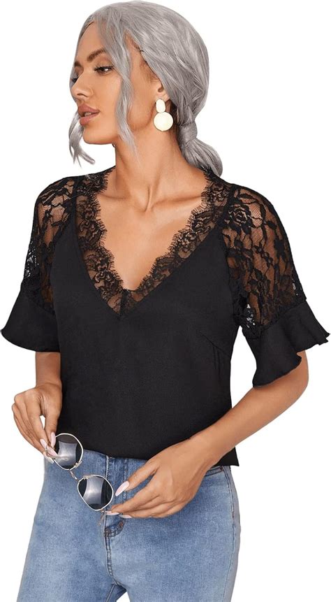 Shein Damen Elegant Spitzen Blusen Kurzarm Oberteil Volant Ärmel