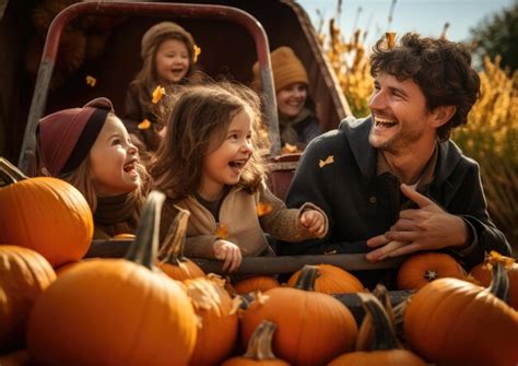 Premium AI Image | Parents and children enjoying a hayride at a pumpkin patch