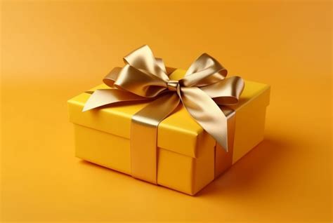 Premium AI Image Gift Box With Golden Satin Ribbon And Bow On Yellow