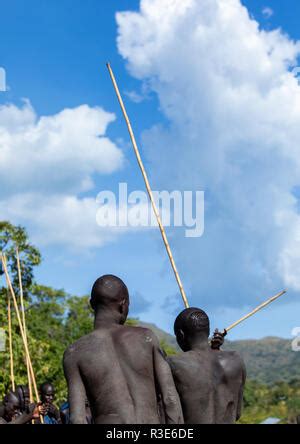 Suri Tribe Warriors Fighting During A Donga Stick Ritual Omo Valley