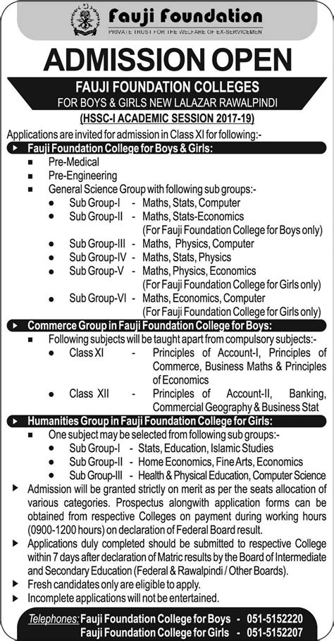 Fauji Foundation College Rawalpindi Admission Form 2023