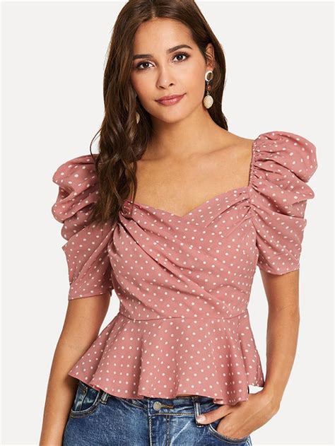 Wrap Front Polka Dot Top Shein Sheinside Blouse Styles Blouse