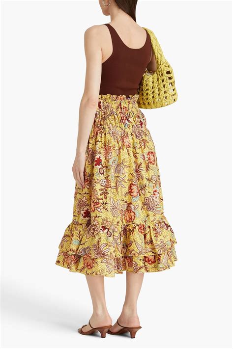 Ulla Johnson Acacia Ruffled Floral Print Cotton Poplin Midi Skirt The