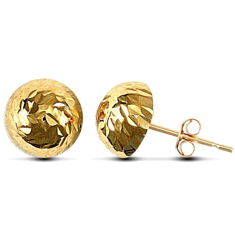 Ladies 9ct Yellow Gold Diamond Cut Half Ball Stud Earrings, 9mm