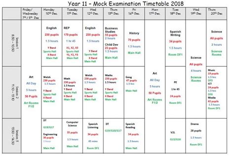 Year 11 Mock Exam Timetable Y Pant School