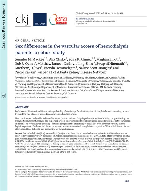 Full Article Sex Differences In The Vascular Access Of Hemodialysis