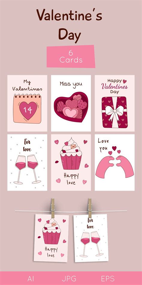 Valentine's day hand drawn cards bundle