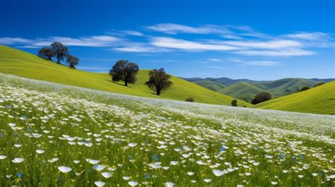 View of nature landscape with flowers field | AI-generated image