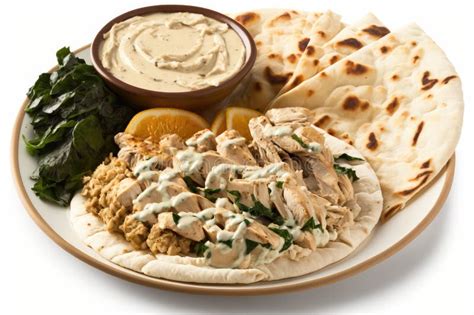 Platter Of Chicken Shawarma With Hummus Tahini Sauce And Pita Bread