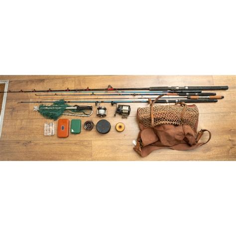 A Quantity Of Vintage Fishing Equipment To Include Five Rods Together