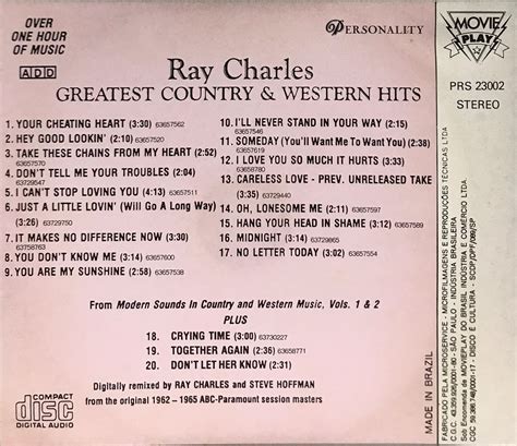 Cd Ray Charles Greatest Country And Western Hits Colecionadores