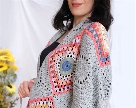 Patchwork Gray Cardigan Bohemian Handmade Cardigan Women S Crochet Tops Soft Color T For