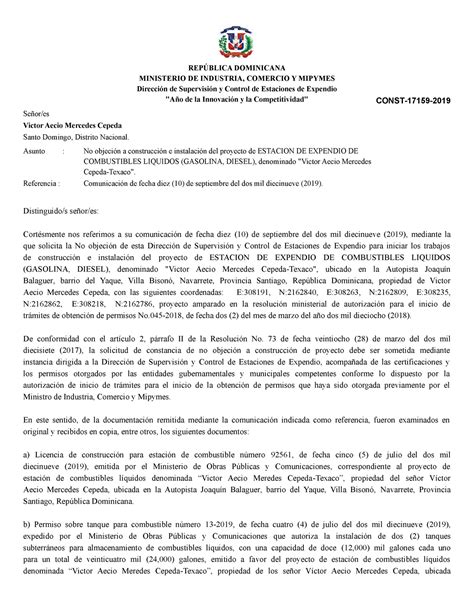 Carta no objecion a construccion navarrete MICM REPÚBLICA DOMINICANA