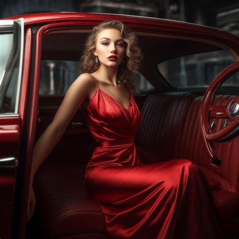 Premium AI Image | woman in a red dress is sitting in a red car.