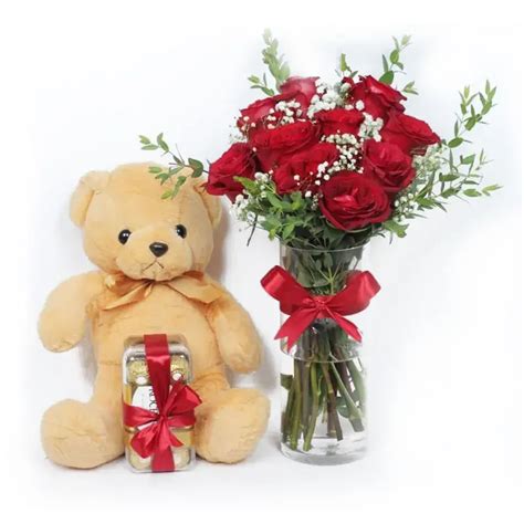 Red Roses With Ferrero Rocher Chocolates And Teddy Bear Gulf Flora