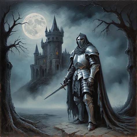 Ghost Knight Haunting Castle Eerie Oil Painting Mo