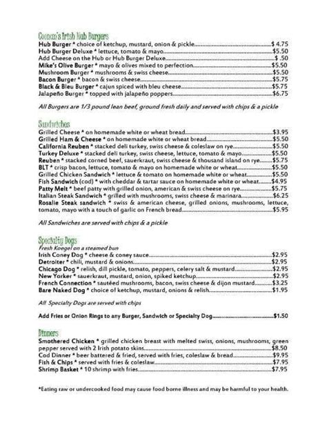 Menu At Coonan S Irish Hub Pub And Bar Bay City