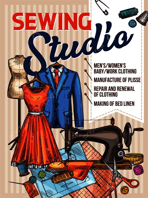 Atelier Tailor Or Sewing Studio Retro Sketch Poster For Dressmaker