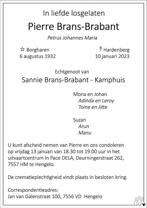 Pierre Brans Brabant 10 01 2023 Overlijdensbericht En Condoleances