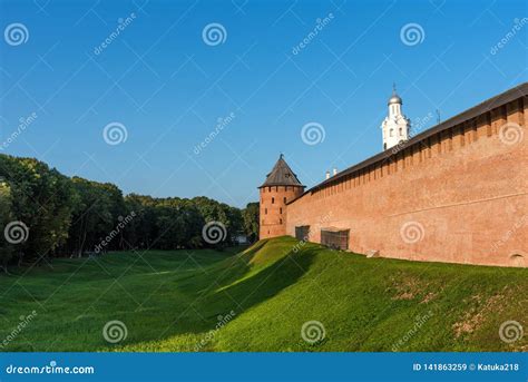 Tower And Walls Of Novgorod Kremlin In Veliky Novgorod Russia Stock