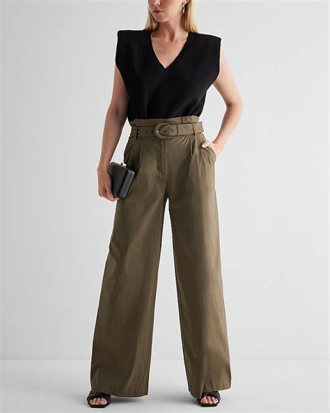 Express Super High Waisted Belted Paperbag Wide Leg Pant In Green