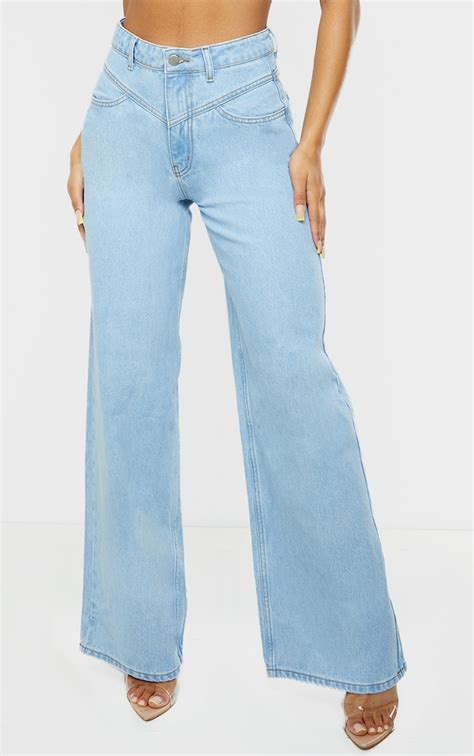 Blue Wash Seam Detail Wide Leg Jeans Prettylittlething Usa