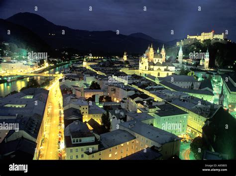 Old Town Salzburg And Salzach River At Night Salzburg Austria Stock