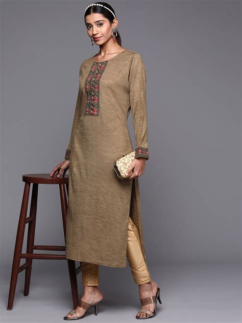 Buy Libas Women Brown Floral Motifs Yoke Design Thread Work Wool Straight Kurta Kurtas For