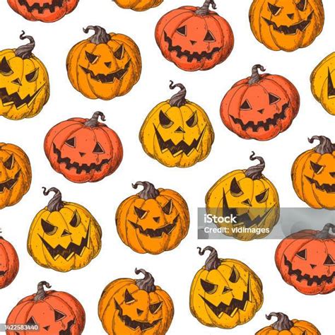 Halloween Pumpkin Seamless Pattern Hand Drawn Vector Illustration Jack O Lantern Vintage Design