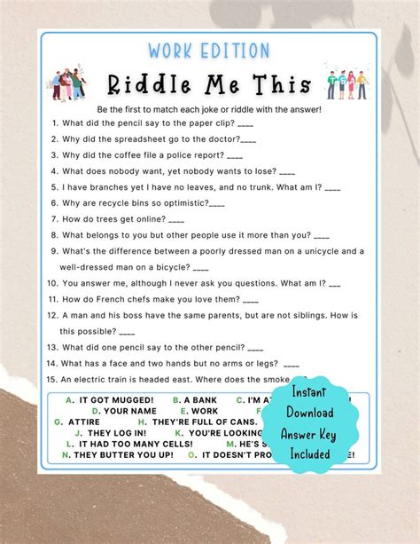 Office Party Printable Riddle Me This Game Coworker Staff Game Fun Work