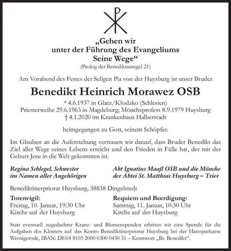 Traueranzeigen Von Benedikt Heinrich Morawez Osb Abschied Nehmen De