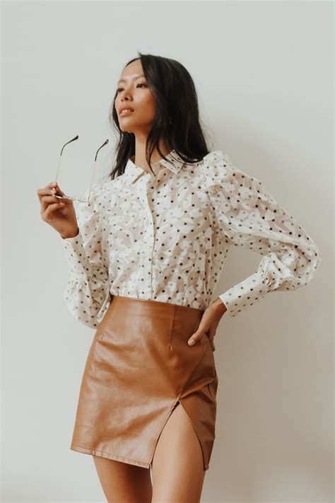 Sexy Vegan Leather Skirt Camel Mini Skirt High Waisted Skirt Lulus