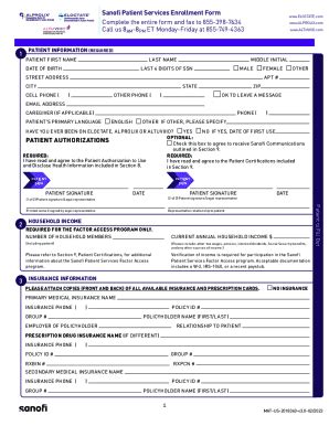 Fillable Online Sanofi Patient Services Enrollment Form Complete The