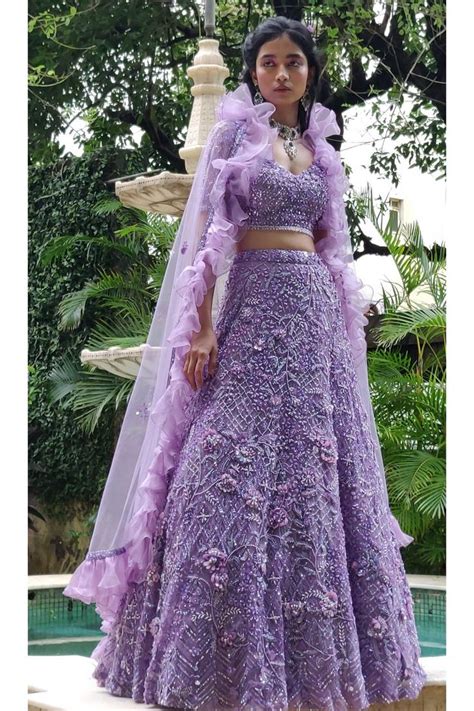 Lilac Hand Embroidered Lehenga Set With An Organza Ruffle Dupatta