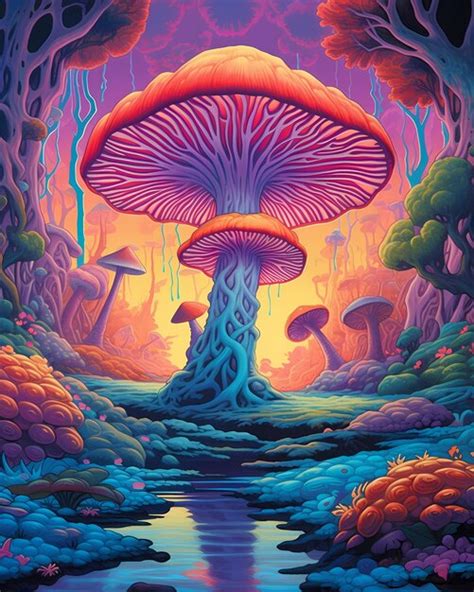 Premium AI Image | A painting of a forest with a colorful mushroom and ...