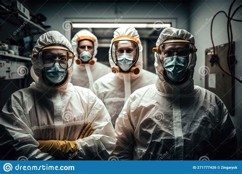 Secret Research In Military Biolaboratories Scientists In Protective Suits Glasses And Medical