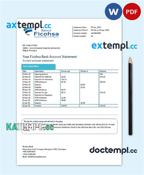 Sample Nicaragua Banco Ficohsa Bank Proof Of Address Statement Template