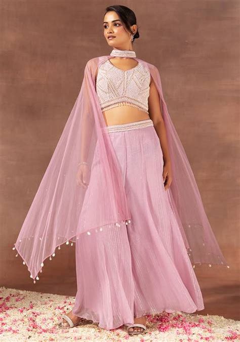 Buy Women Dull Pink Sharara Set With Pearl Embellished Blouse And Cape