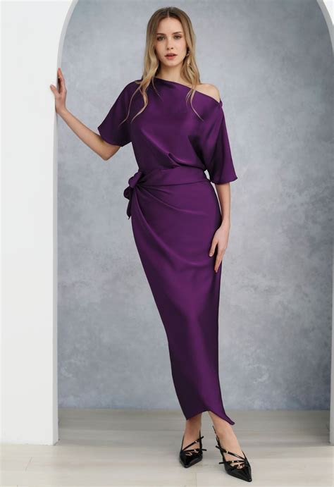 Satin Short-Sleeve Wrapped Waist Maxi Dress in Purple - Retro, Indie ...