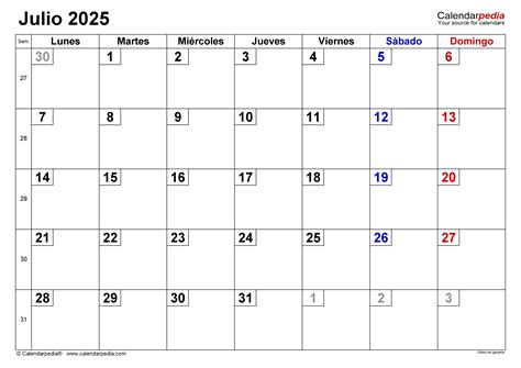 Calendario Julio 2025 En Word Excel Y Pdf Calendarpedia