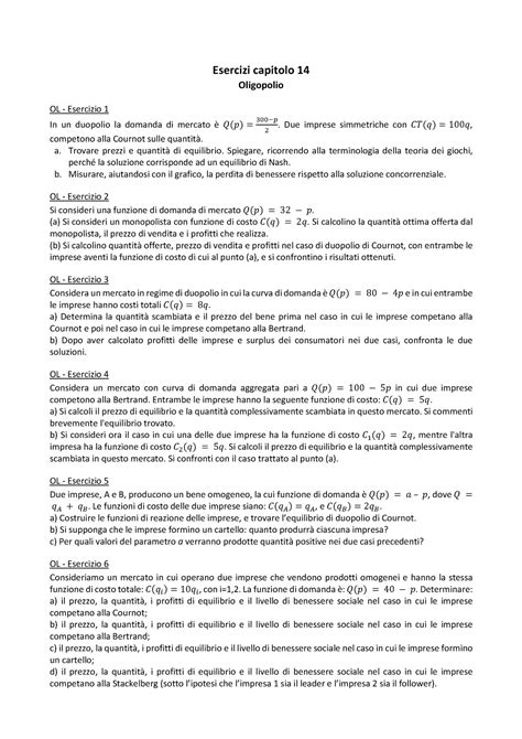 Esercizi Cap 14 Economia Esercizi Capitolo 14 Oligopolio OL