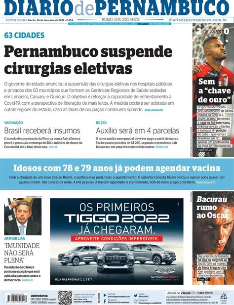 Capa Diario de Pernambuco Edição Sexta 26 de Fevereiro de 2021