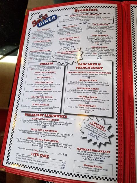 Menu at Shorty's Diner restaurant, Williamsburg