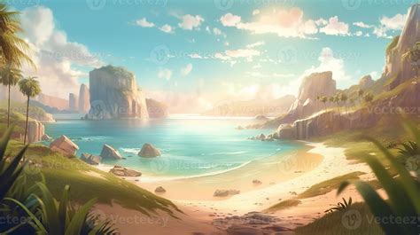 Beach Fantasy Backdrop Concept Art Realistic Illustration Background