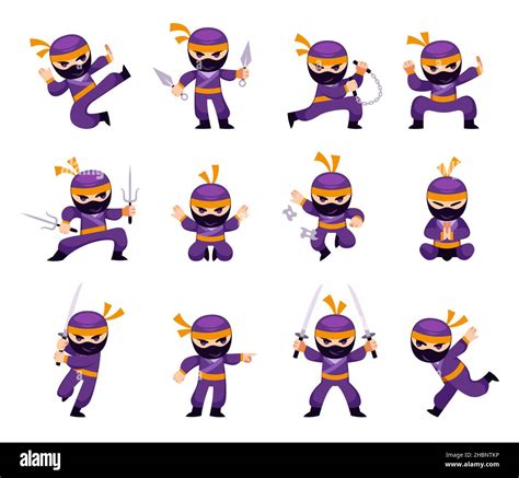 Cartoon ninja. Man in different action and combat poses karate. Japanese warrior character in ...