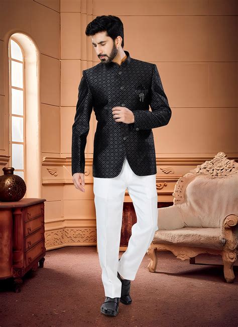 Jacquard Jodhpuri Suit In Black Buy Online