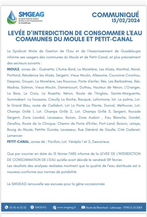 Levée d interdiction Le Moule et Petit Canal SMGEAG