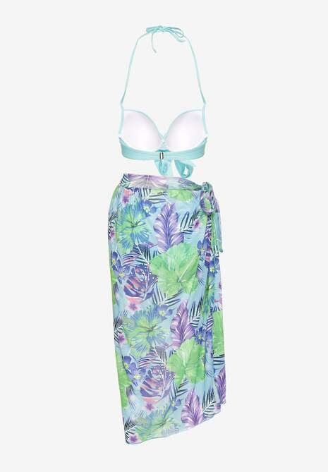 Jasnoniebieskie Bikini Majtki Figi Biustonosz z Wiązaniem i Kwiatowe Pareo Folanira Renee