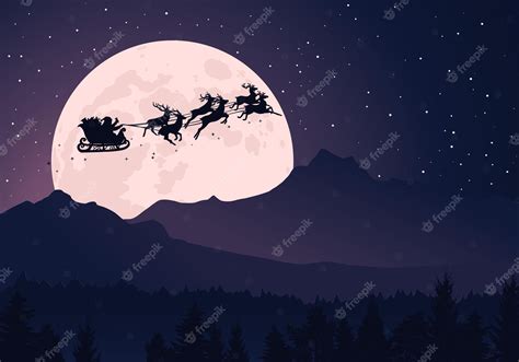 Premium Vector Flying Reindeer And Santa Sleigh With Christmas Ts Full Moon Background