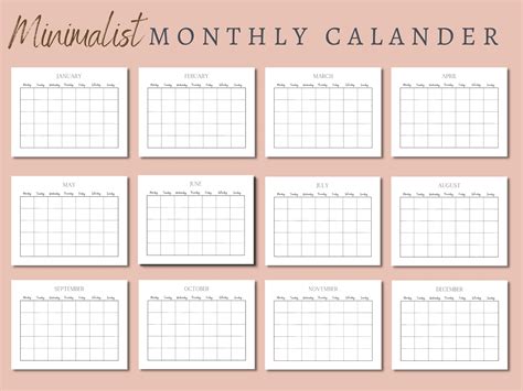 Monthly Calendar Landscape, Printable Calendar, Minimalist Calendar ...